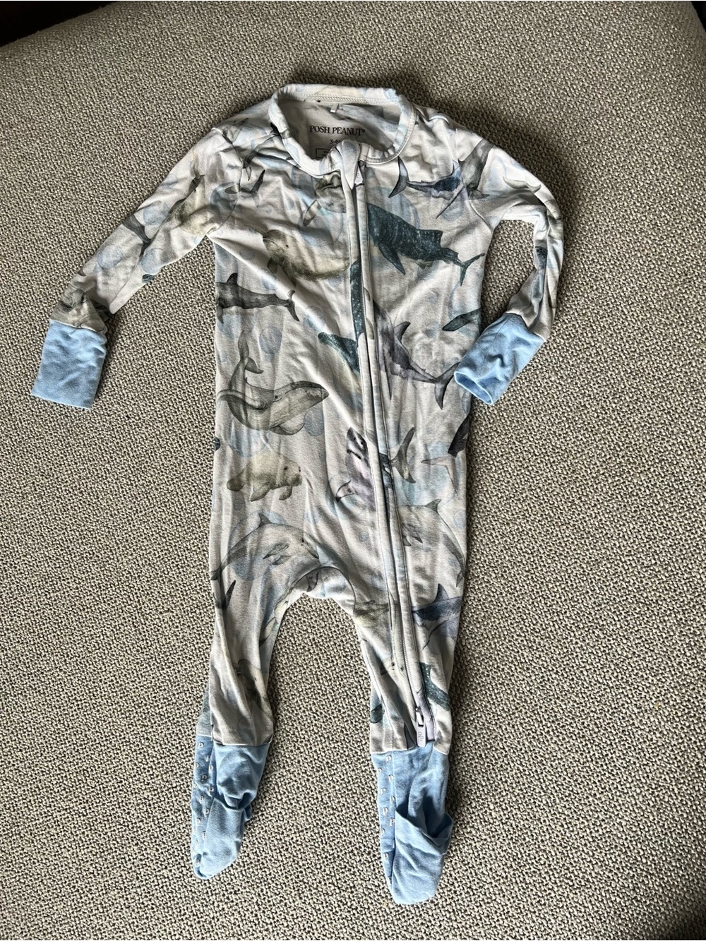 Posh Peanut Blue Whale & Shark Print Footed One-Piece